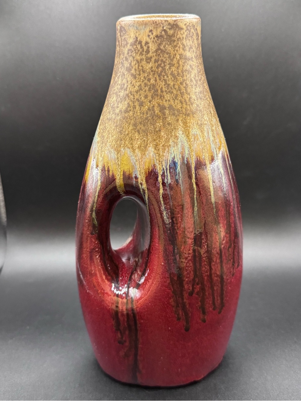 Vintage Mid Century Modern Drip Glaze Vase 8โ Cutout Ceramic Art Pottery
